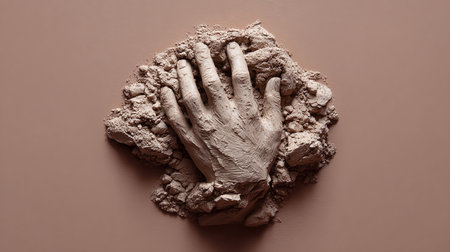 Hands of a man made of clay on a brown background.の素材