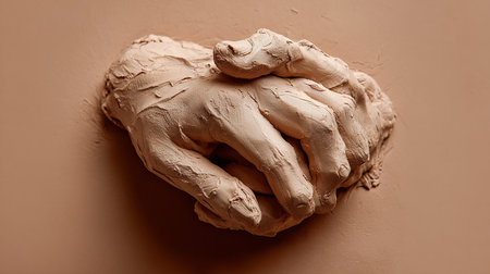 Handmade clay sculpture on a brown background, close-up.の素材