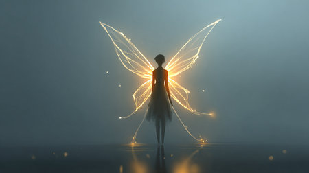 3d rendering of a female fairy with wings in the fog.の素材