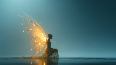 3d illustration of a beautiful fairy with wings and magic lights on a blue backgroundの素材
