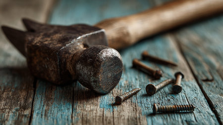 Hammer and nails on a blue wooden background, close-upの素材