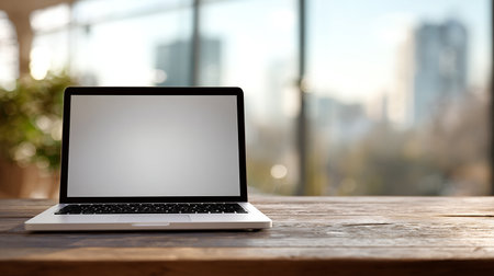 Laptop with blank screen on wooden table in coffee shop, mockupの素材