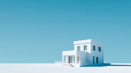 Modern white house on a blue background. 3d render illustration.の素材