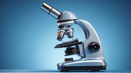 Microscope isolated on blue background. 3D illustration. Elements of this image furnished by NASAの素材