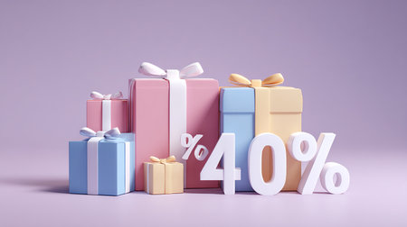 3d render of gift boxes with percent discount sign on purple backgroundの素材
