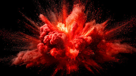Explosion of red smoke on black background. 3D illustration.の素材