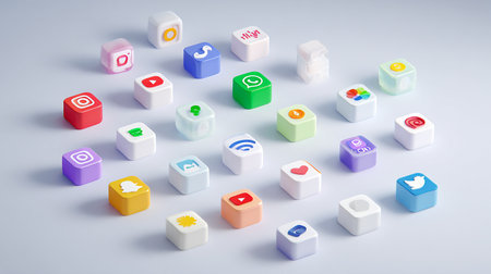 3d rendering of social media icons in a group of colorful cubesの素材