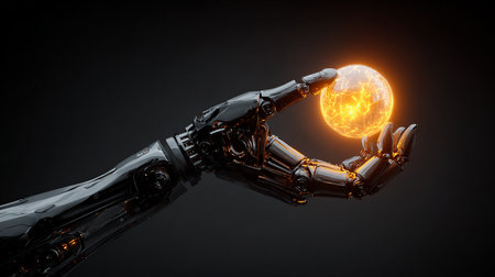 Robot hand holding moon planet. 3d rendering robot hand on dark backgroundの素材