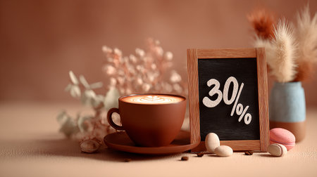 Cup of coffee and blackboard with 20 percent sign on brown backgroundの素材