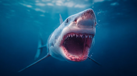 Great white shark with open mouth and sharp teeth in deep blue oceanの素材
