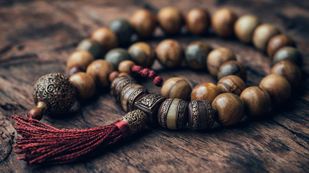Buddhist prayer beads on a wooden background, close-upの素材