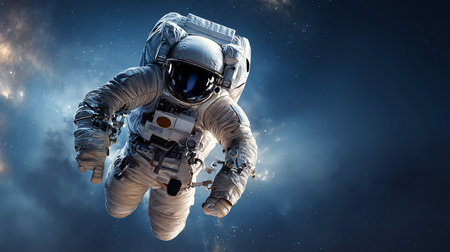 Astronaut spaceman do spacewalk while working for space station. Mixed mediaの素材