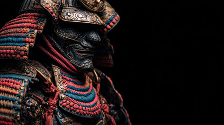 Close-up of the head of a samurai warrior. Black background.の素材