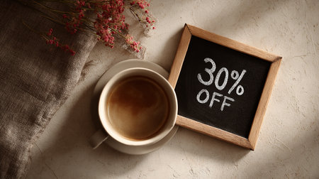 Cup of coffee and chalkboard with text 50% off, top viewの素材