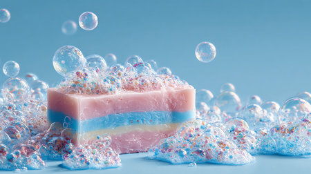 Soap with bubbles on blue background. Shallow depth of fieldの素材
