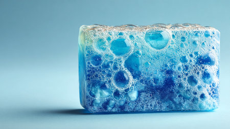 Soap with foam and bubbles on a blue background, close-upの素材