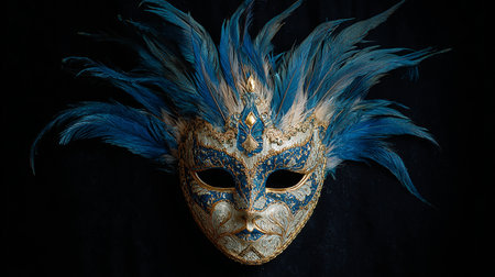 Traditional Venetian carnival mask with feathers on black background.の素材
