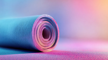Roll of yoga mat on a colorful background. Yoga mat rolled upの素材