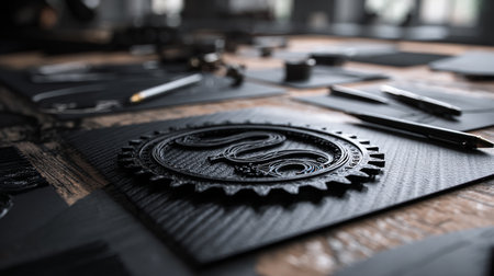 Close-up of a black stamp on a wooden table in a workshopの素材