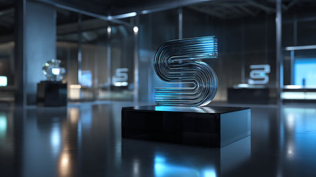 3D rendering of a stylized 3D number 5 standing on a glass table in a modern officeの素材