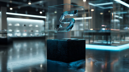 3d rendering 3d illustration of glowing letter S on glass cubeの素材