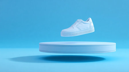 White sneakers on a blue podium on a blue background. 3d renderの素材