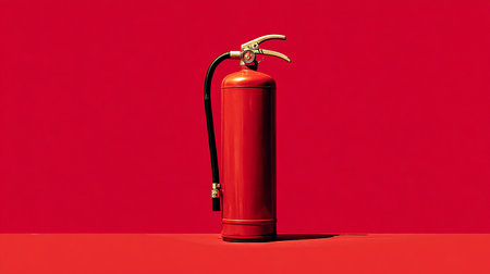 Red fire extinguisher on red background. 3d illustration. Studio shot.の素材