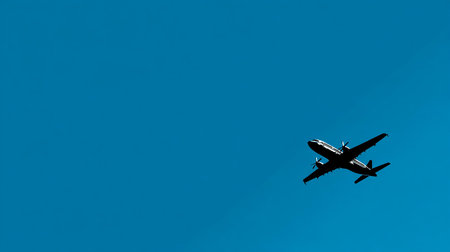 airplane flying in the blue sky with copy space on the rightの素材