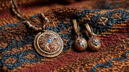 Jewelry on the background of a knitted scarf, close-upの素材