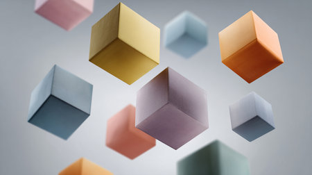 Colorful cubes floating in the air on gray background. 3d renderingの素材