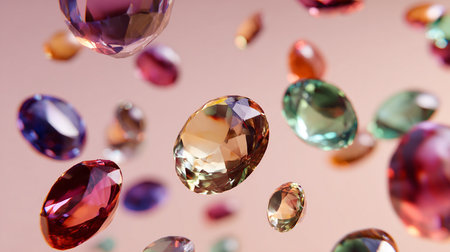 Macro shot of colorful gemstones falling on pink background. 3D renderingの素材