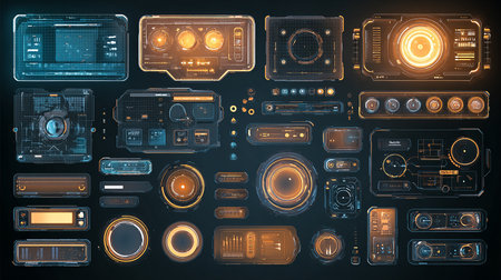Glowing futuristic user interface elements set. 3D rendering toned imageの素材