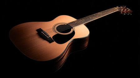 Acoustic guitar on a black background. Close-up image.の素材