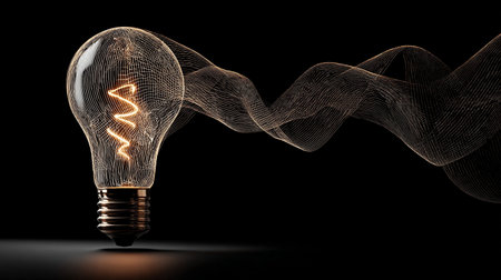 Glowing light bulb on dark background with lines as metaphor for ideaの素材