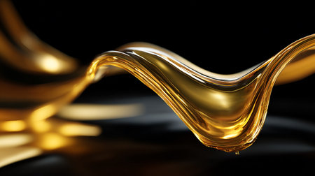 3d rendering of a golden liquid flow on a black background.の素材