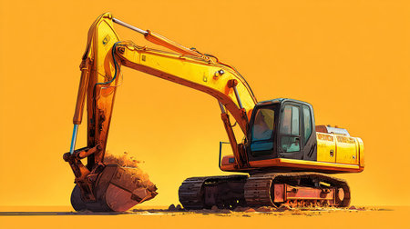 Excavator on a yellow background. 3D illustration. 3D rendering.の素材