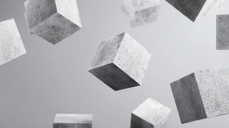 3d rendering of concrete cubes levitating in the air on a gray backgroundの素材