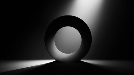 3d rendering of abstract geometric shape in dark room with light and shadowの素材