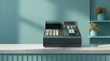 Cash register on a blue wall background. 3d rendering mock upの素材