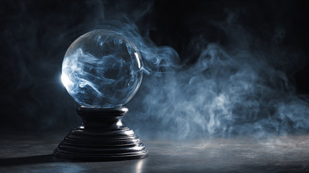Magic crystal ball with smoke on black background. 3d rendering.の素材