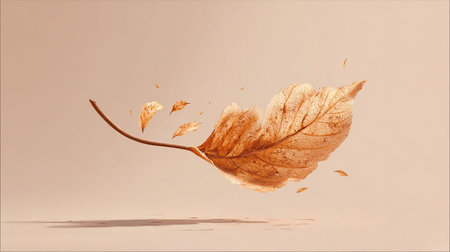 3d rendering of a golden autumn leaf on a beige backgroundの素材