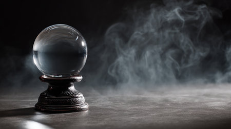 Crystal ball on black background with smoke. Magic and witchcraft concept.の素材