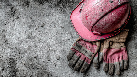 Safety gloves and helmet on concrete background construction concept. Top view.の素材