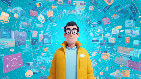 3d illustration of a young man in a yellow coat and glasses against the background of a virtual world.の素材