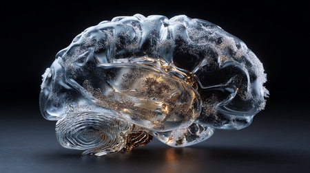 3d illustration of a human brain in ice on a black backgroundの素材