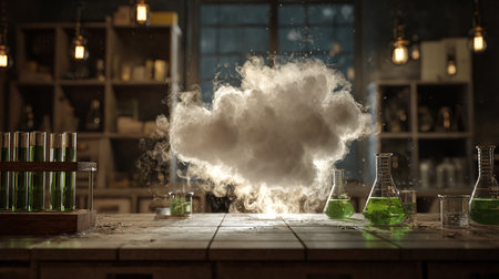 Conceptual image of science laboratory with smoke cloud. Mixed mediaの素材