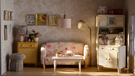 Interior of a living room with a sofa and a cupboardの素材
