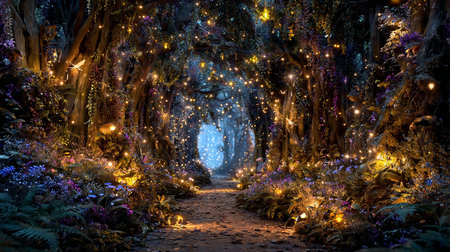 Lights in the night forest. Magical fairy forest with lights.の素材
