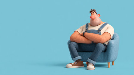 Funny fat man sitting in armchair on blue background with copy spaceの素材