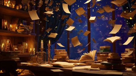 Conceptual image with old books and candles on the table.の素材